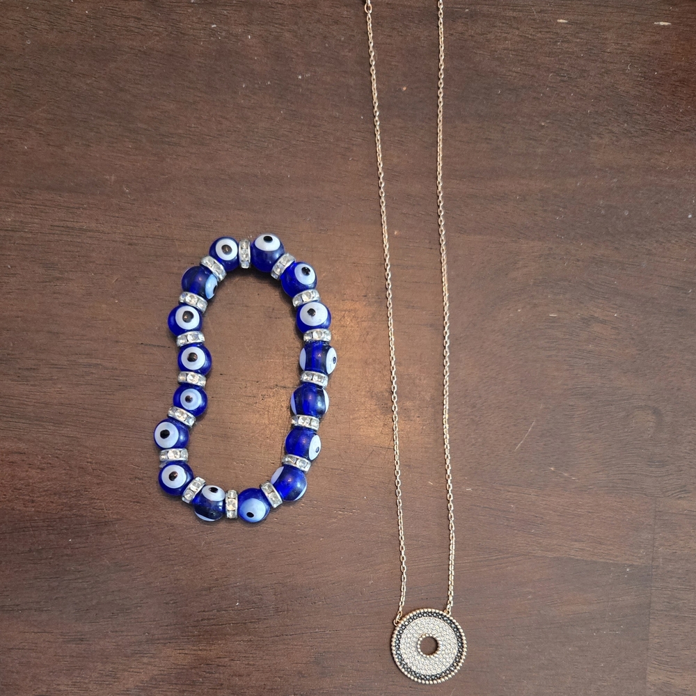 Blue Evil Eye Bracelet and Gold Pendant Necklace Set